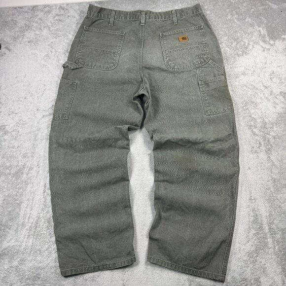 Vintage CARHARTT Mens Dungaree Fit Carpenter Pants Canvas Y2K Workwear Green 36" - Picture 1 of 8